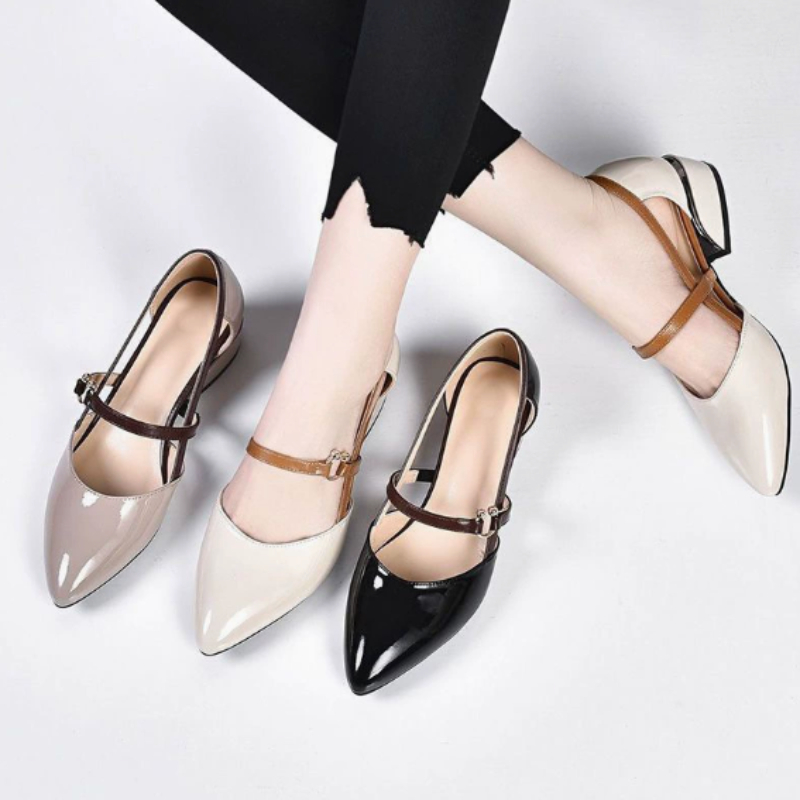 Pump Heel Block - Women Two Tone Slingback Shoes Pointed