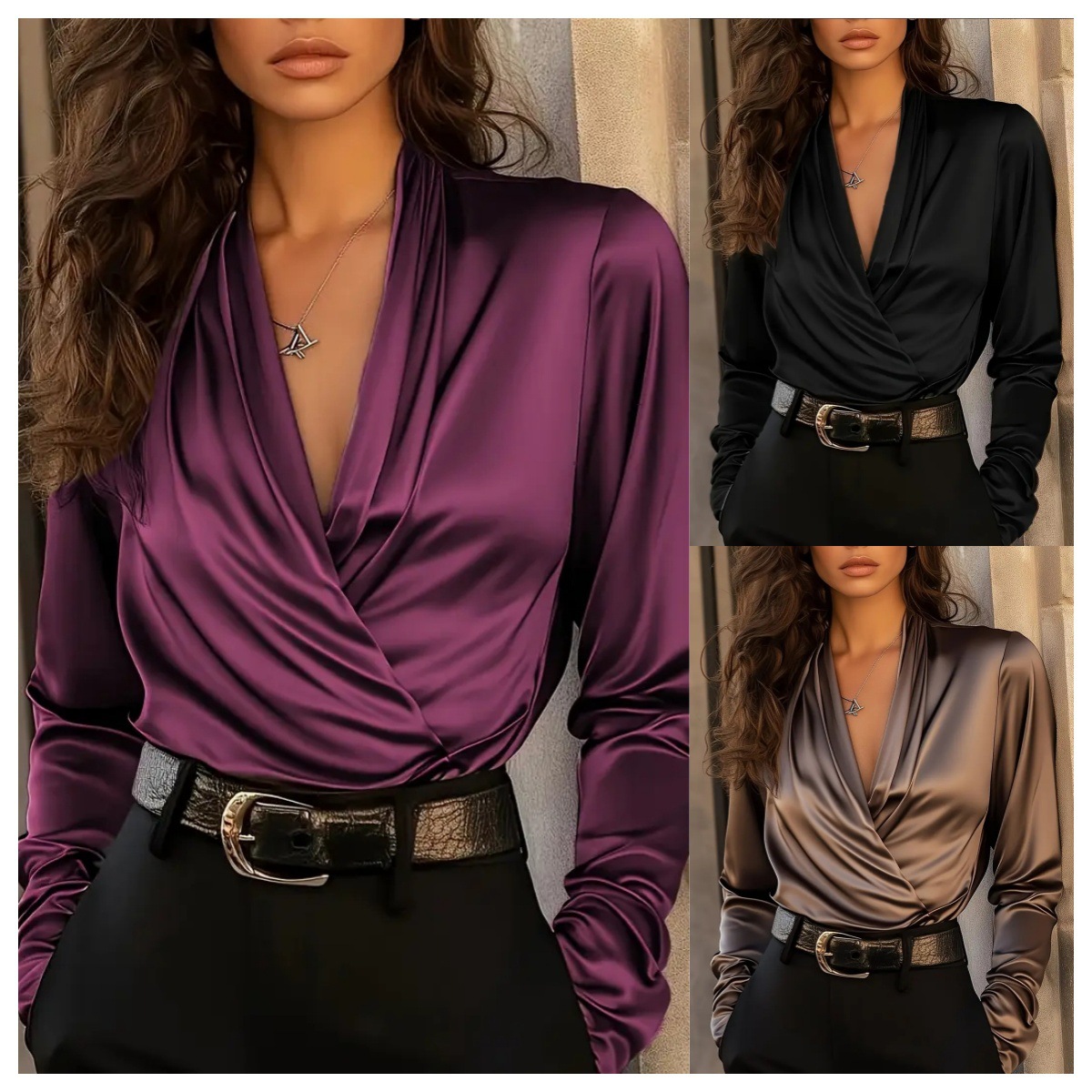 Women's Satin Wrap V Neck Long - Women Formal Office Wear Tops review and price